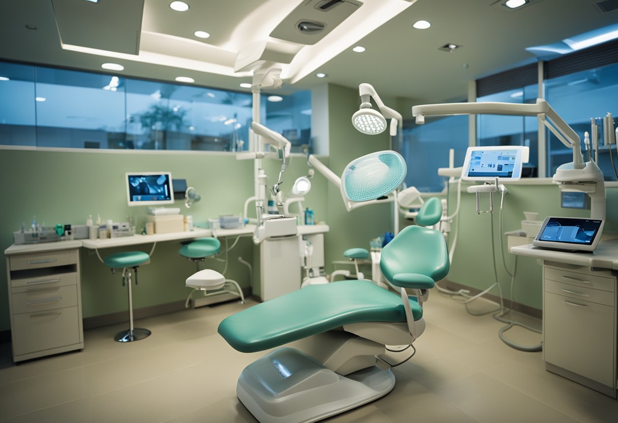 A dental office with a dentist and patient demonstrating oral hygiene practices, surrounded by dental tools and equipment