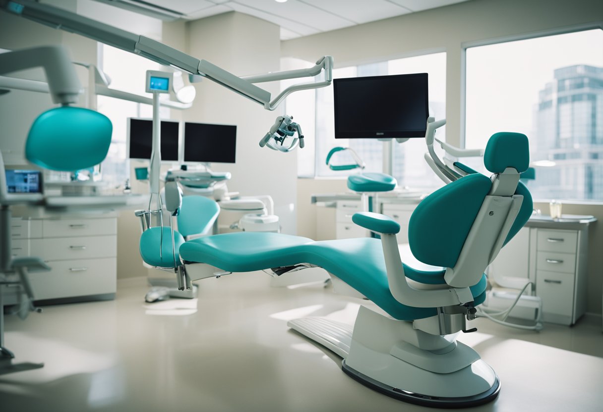 A dentist's office with a dental chair, tools, and a dental hygienist performing a cleaning on a patient's teeth