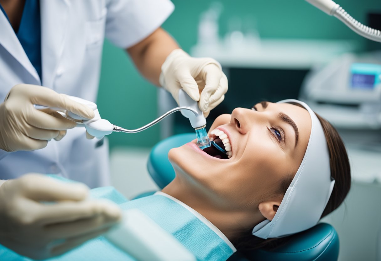 A dental hygienist using ultrasonic scaler and air polisher on a patient's teeth