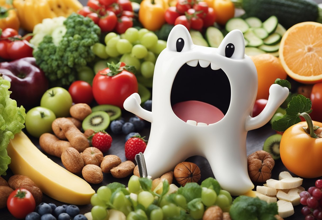 A smiling tooth surrounded by healthy foods and a toothbrush