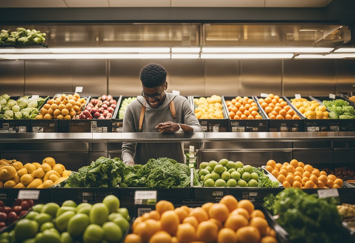 A person choosing fruits and vegetables over sugary snacks, resulting in a healthy smile