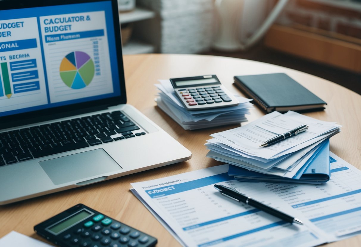 A table with a laptop, notebook, and pen. A stack of receipts and bills scattered around. A calculator and budget planner open on the screen