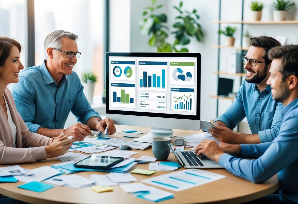 A family sitting around a table, surrounded by bills, receipts, and a computer. Various budgeting tools and charts are displayed on the screen
