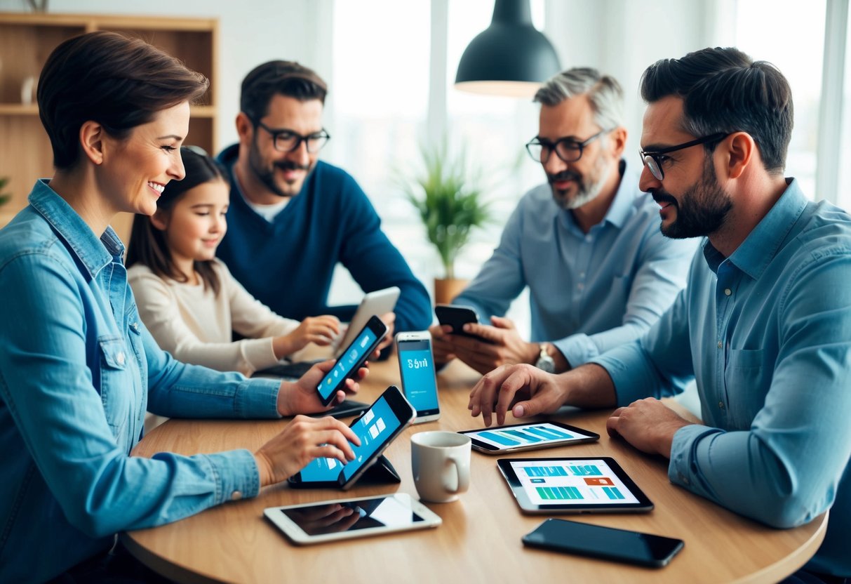 A family sitting around a table with various electronic devices, each engaged in using different expense tracking apps