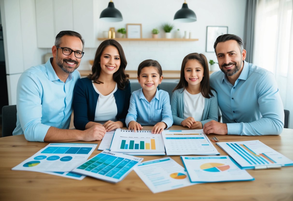 A family sitting around a table with a calendar, budget tracker, and various financial documents spread out in front of them