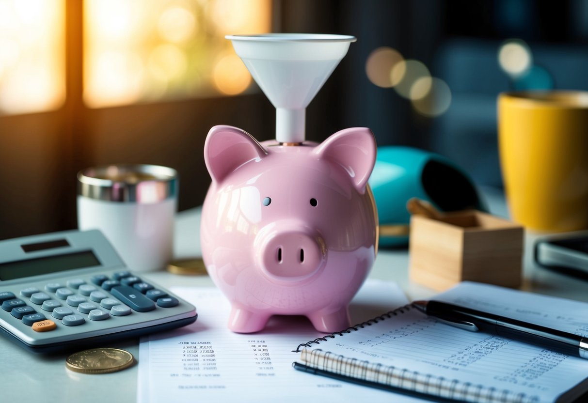 A piggy bank with a funnel on top, surrounded by various household items and a notepad with financial calculations