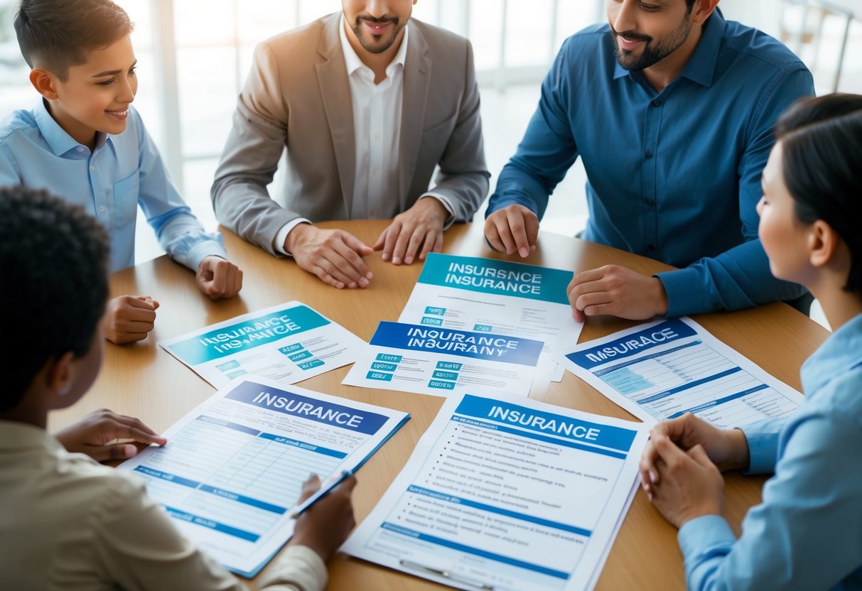 A family sitting around a table with various insurance documents and a list of 10 types of insurance, discussing and considering their options