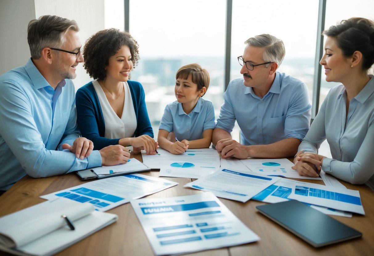 A family sitting around a table, discussing various types of insurance, with documents and brochures spread out in front of them