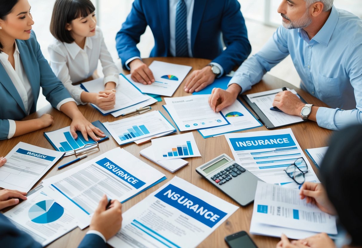 A family sitting around a table with various types of insurance documents spread out, discussing and considering their options