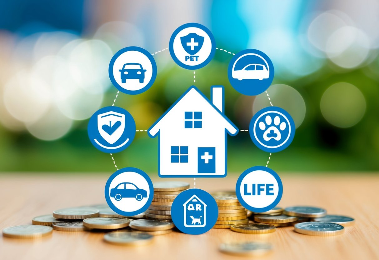 A family home surrounded by various types of insurance icons, including a house, car, health, life, and pet insurance symbols