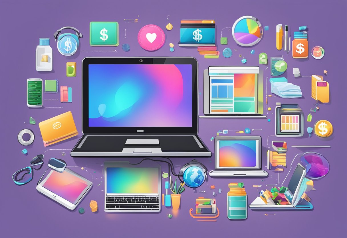 A laptop surrounded by various product categories, such as technology, fashion, and health, with dollar signs and affiliate logos in the background