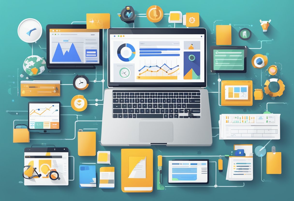 A laptop surrounded by various products and services representing different affiliate marketing niches, with a chart showing high conversion rates and low competition