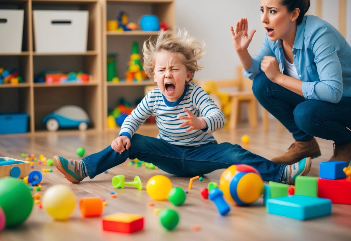 A child throwing a tantrum, surrounded by toys and scattered objects. A frustrated parent looks on, trying to calm the situation