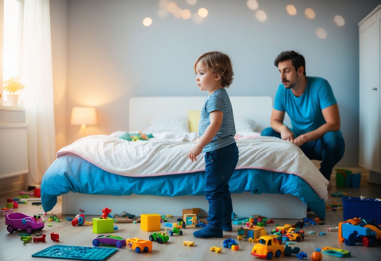 A child standing at the edge of a messy bedroom, with toys scattered on the floor and a disheveled bed, while a tired parent looks on with frustration