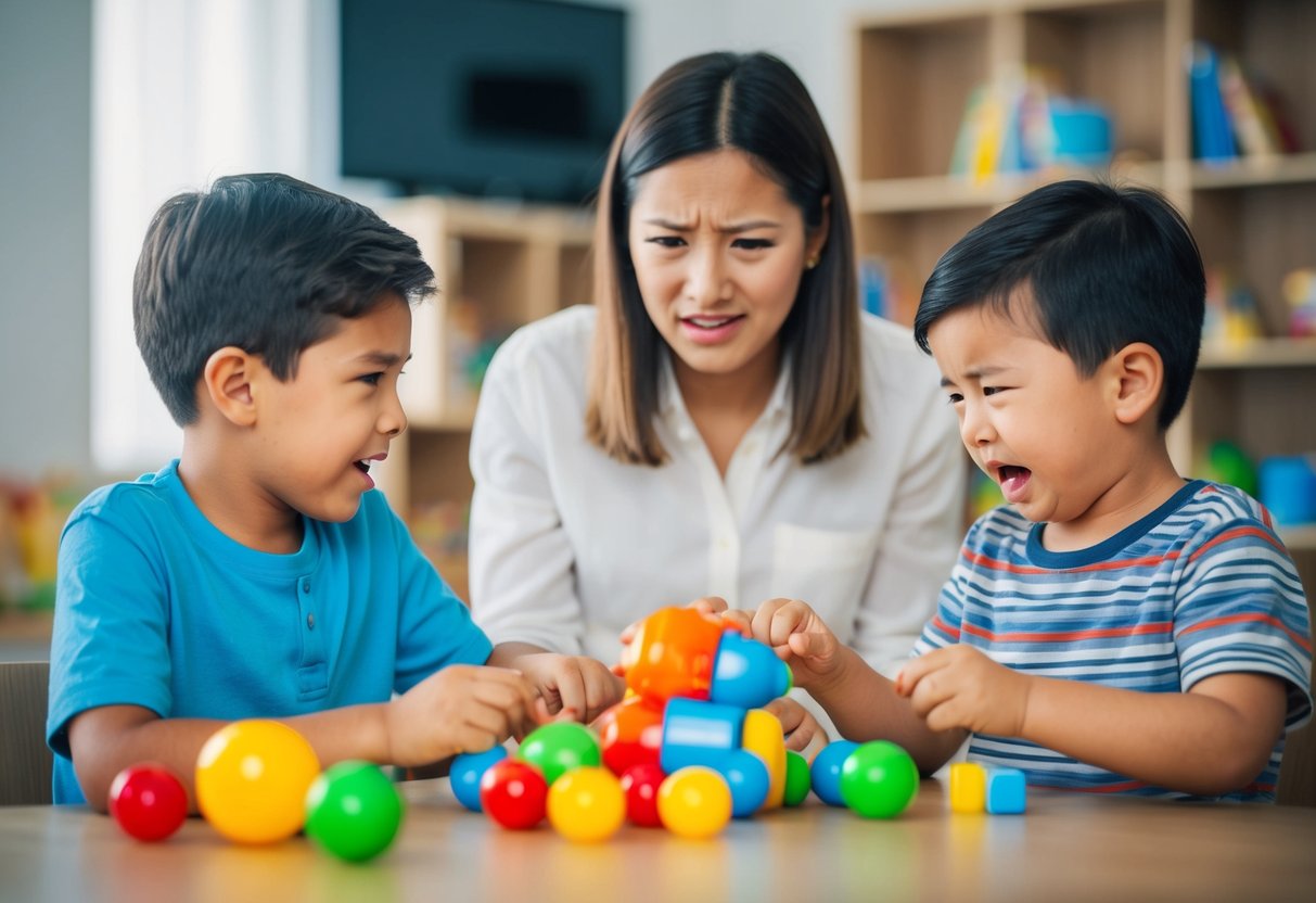 Two children arguing over a toy, while a parent intervenes calmly