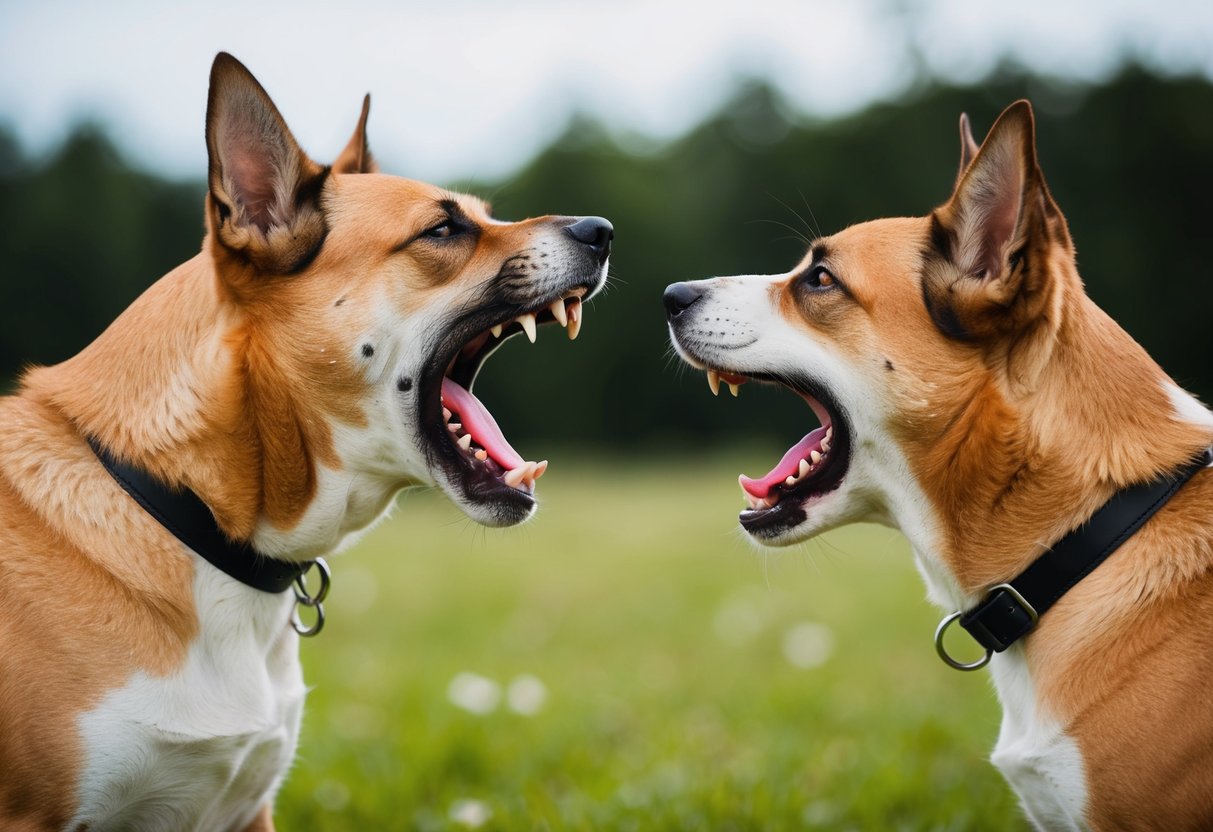 A snarling dog baring its teeth, ears pinned back, and raised hackles, facing off against another dog in a defensive posture