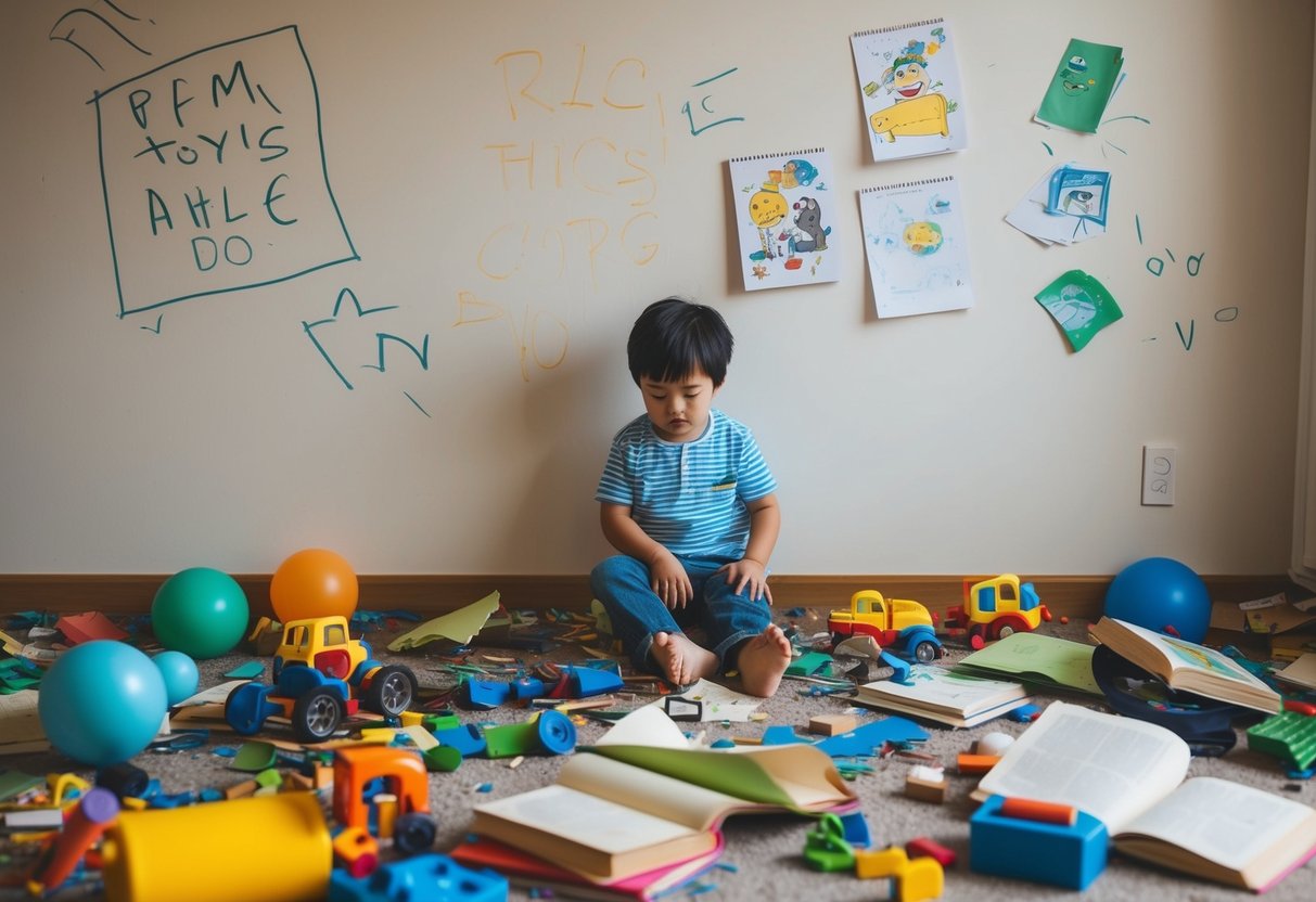 A child's room with scattered toys, torn books, and drawings on the wall. Broken objects and aggressive scribbles hint at underlying behavioral issues