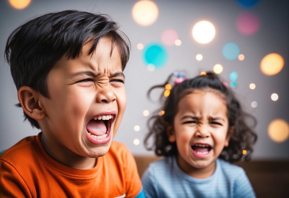 A child's rollercoaster of emotions, from anger to sadness to joy, expressed through dramatic facial expressions and body language