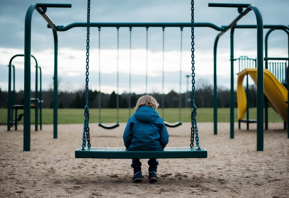 A child sitting alone on a bench, surrounded by empty swings and playground equipment. The sky is overcast, and the child's posture is slouched and withdrawn