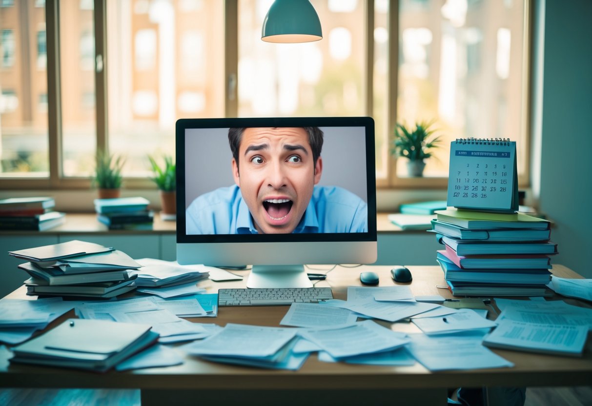 A cluttered desk with scattered papers and a frustrated expression on a computer screen. A stack of unopened textbooks and a calendar with missed deadlines