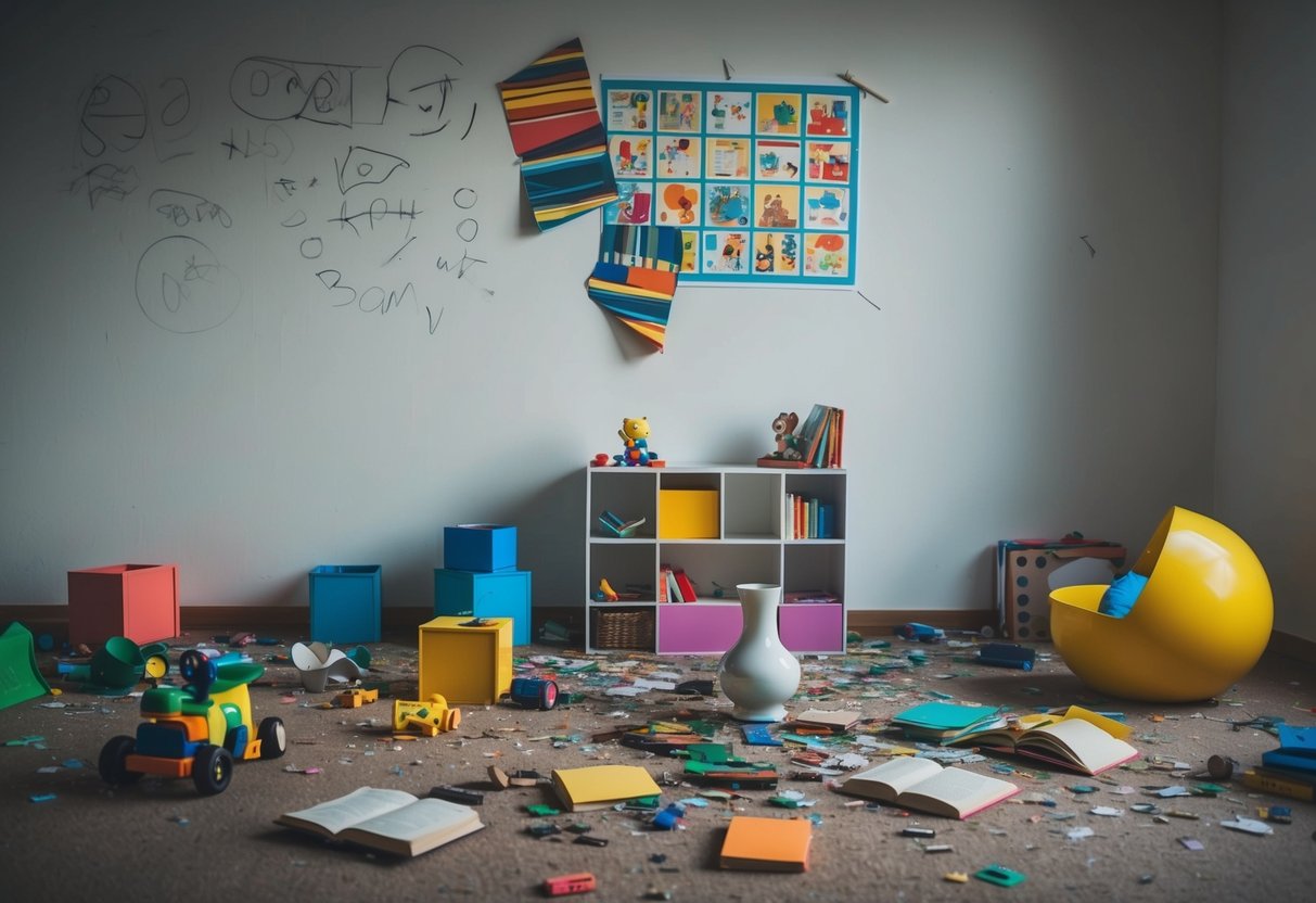 A child's room with broken toys, scattered books, and a torn poster. A shattered vase lies on the floor, and the walls are marked with angry scribbles
