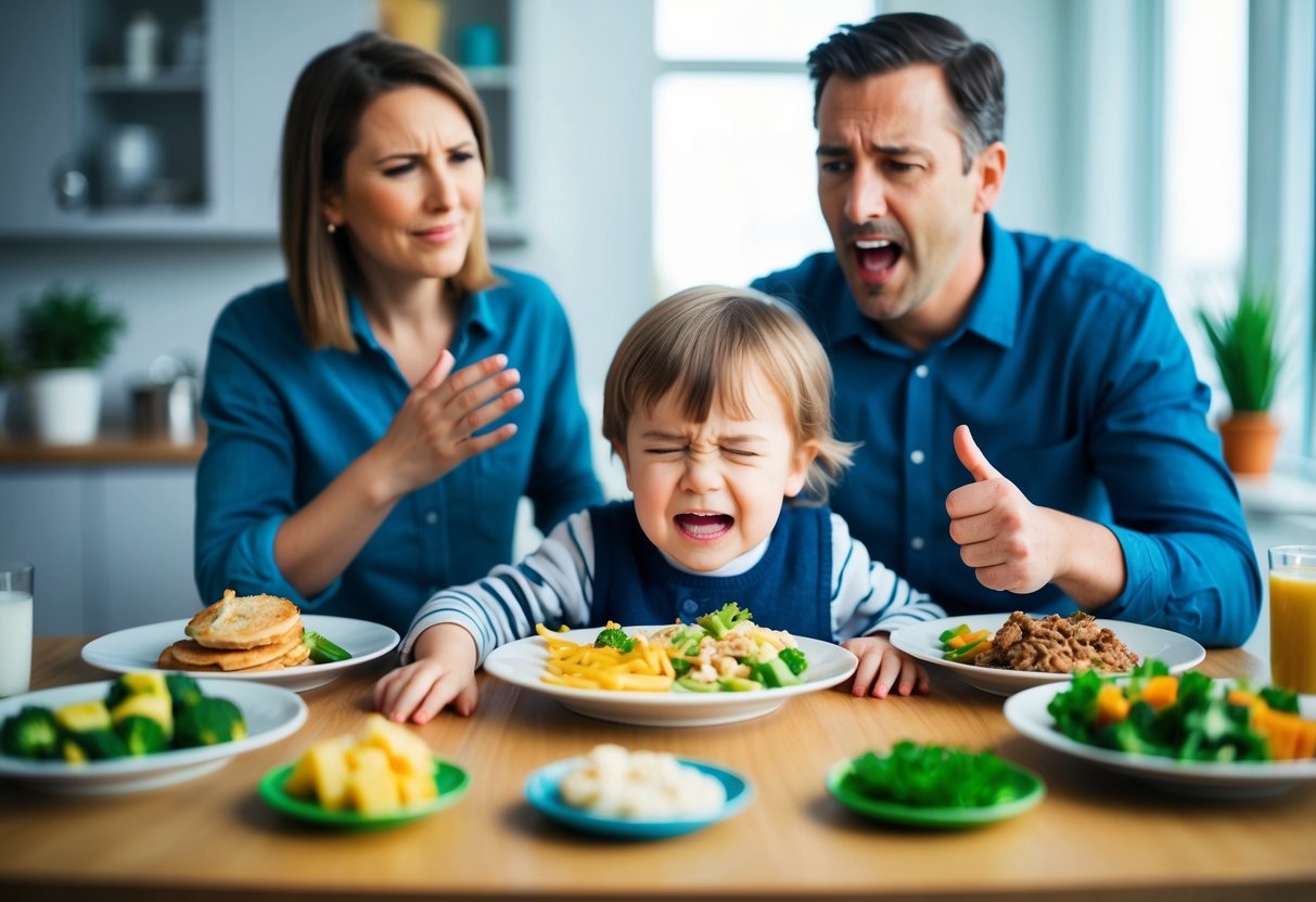 A child sitting at a table surrounded by various types of food, with a frustrated parent looking on. The child has a grimace on their face as they push away their plate