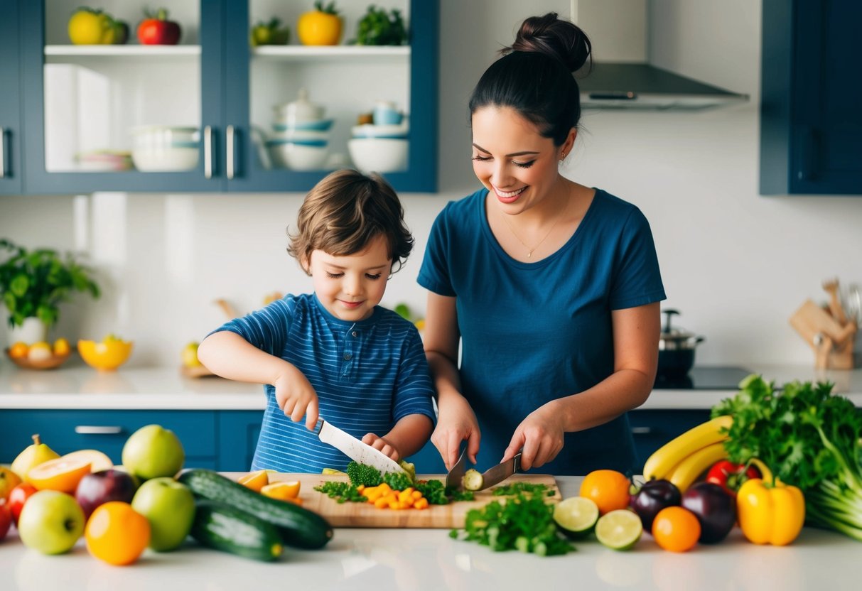 A child and adult stand at a kitchen counter, surrounded by colorful fruits and vegetables. The child eagerly helps wash, chop, and mix ingredients for a meal