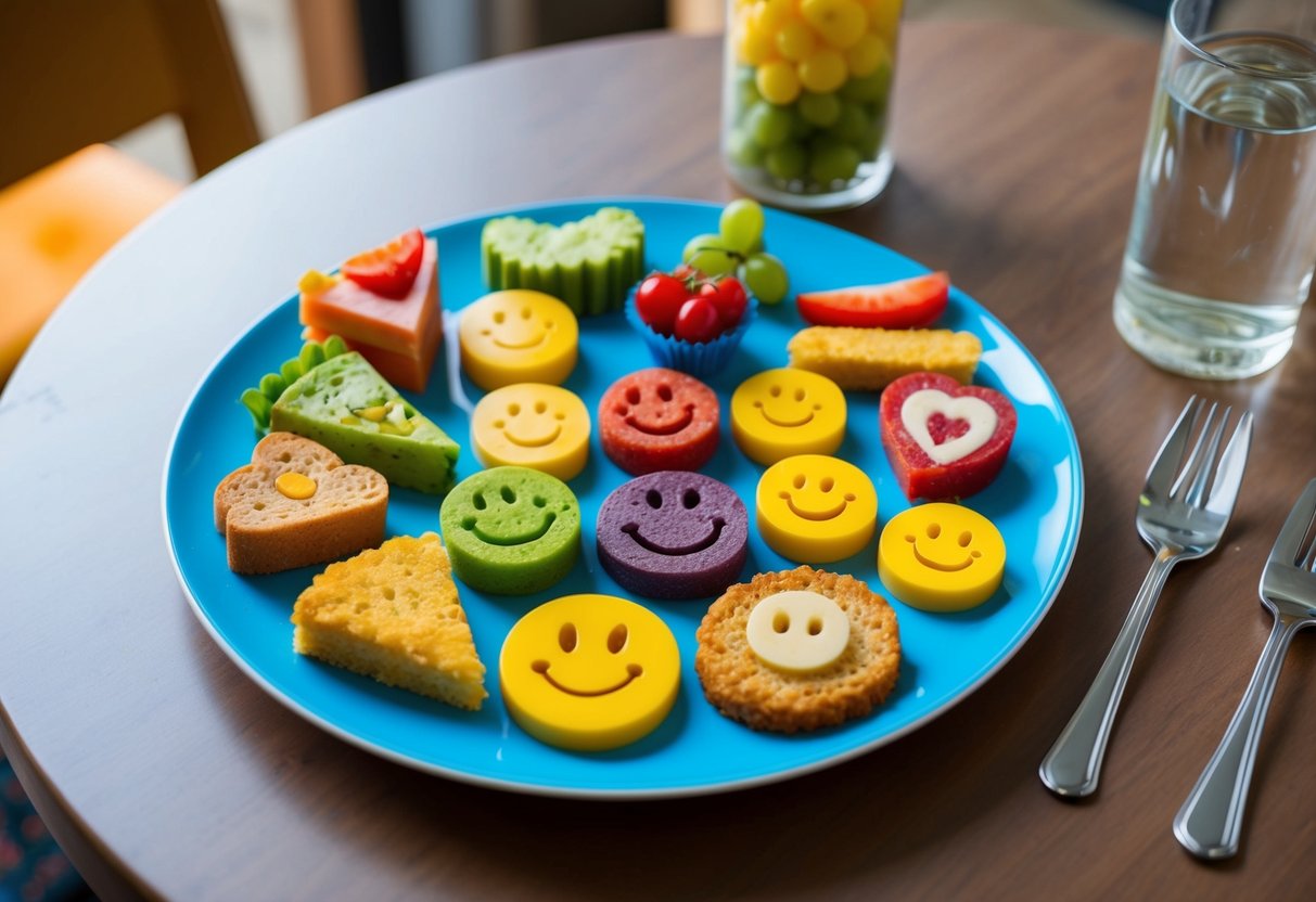 A colorful array of fun-shaped food arranged on a plate, with smiley faces and creative designs to entice picky eaters