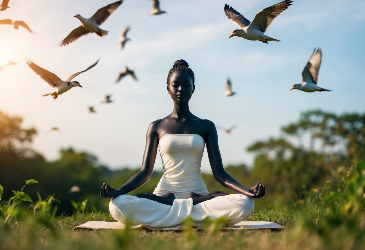 A serene figure surrounded by nature, meditating with a calm expression, while birds fly freely overhead