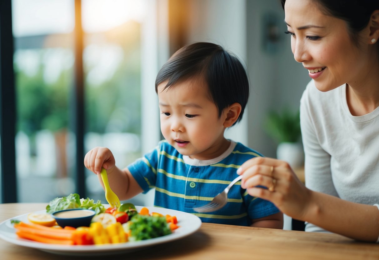 A child cautiously examines a plate of colorful, unfamiliar foods while a patient adult looks on with a reassuring smile