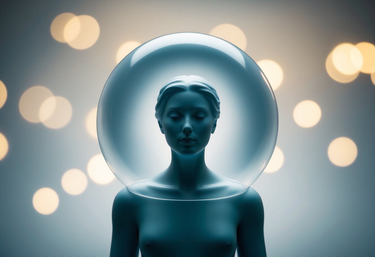 A serene figure surrounded by a protective bubble, calmly separating themselves from external pressures and guilt