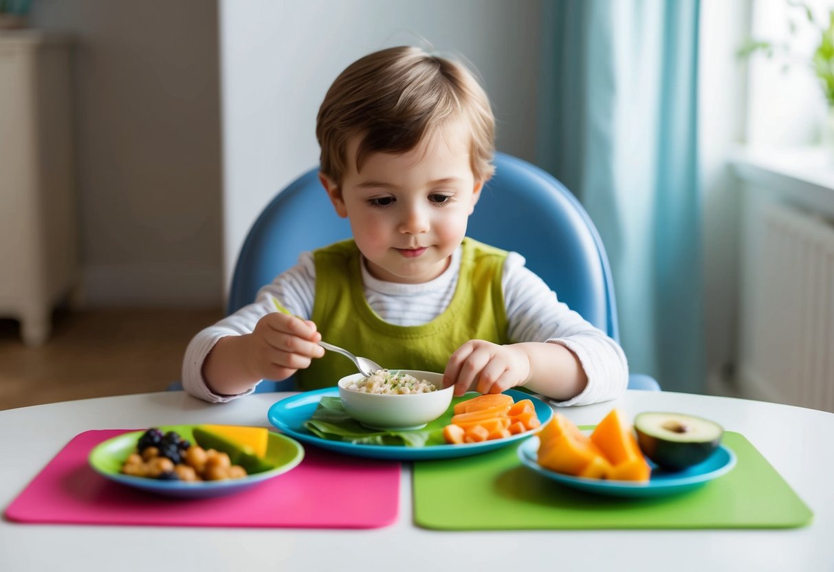 A child sits at a table with a variety of healthy food options in front of them. The table is set in a calm and inviting environment, with soft lighting and colorful placemats