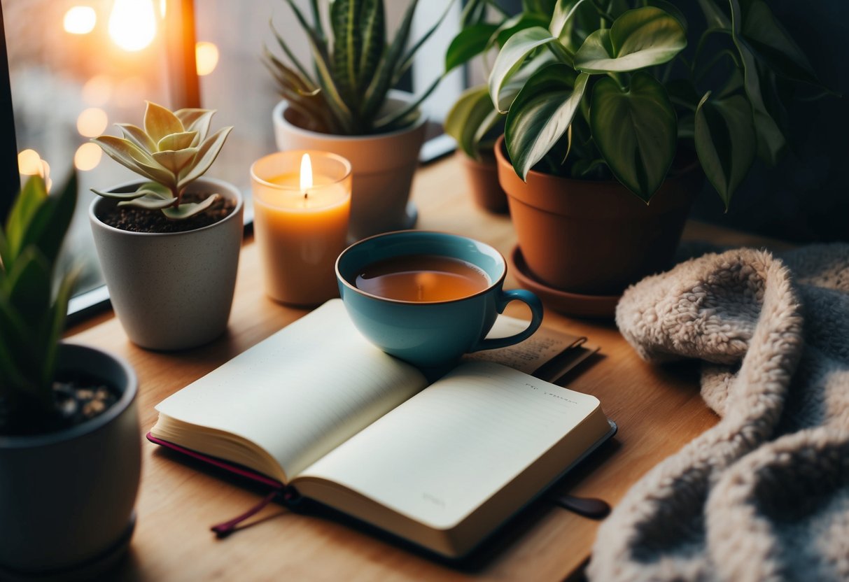 A cozy corner with a warm cup of tea, a journal, a soothing candle, and a plush blanket surrounded by plants and soft lighting