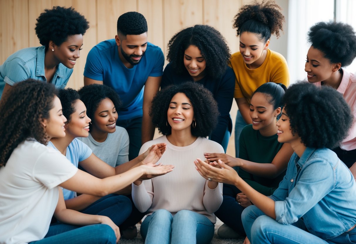 A group of diverse, supportive friends gather around a central figure, offering comfort and understanding as they overcome feelings of guilt and prioritize self-care