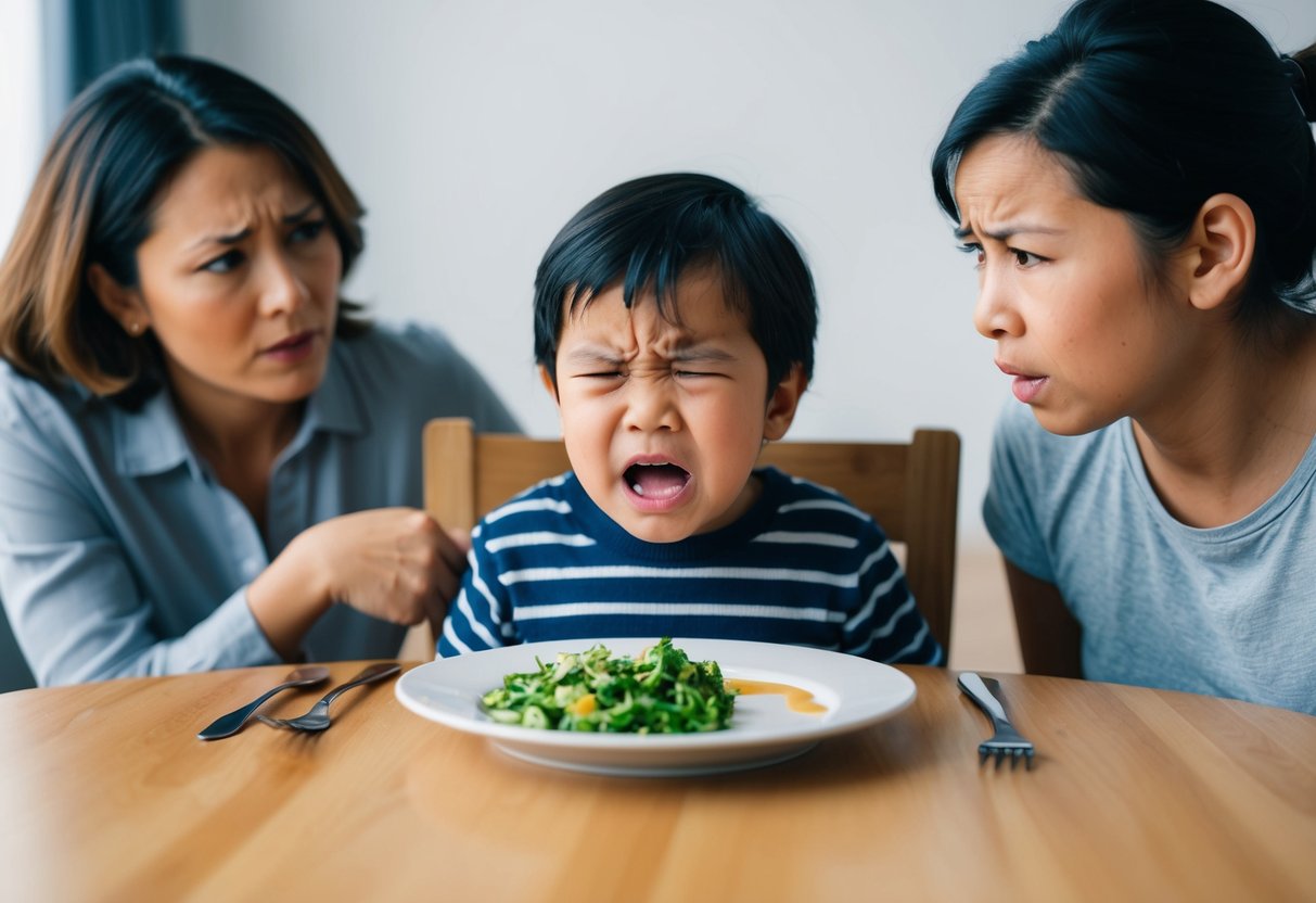 A child sitting at a table with a plate of untouched food while a worried parent looks on. The child's facial expression shows frustration and discomfort