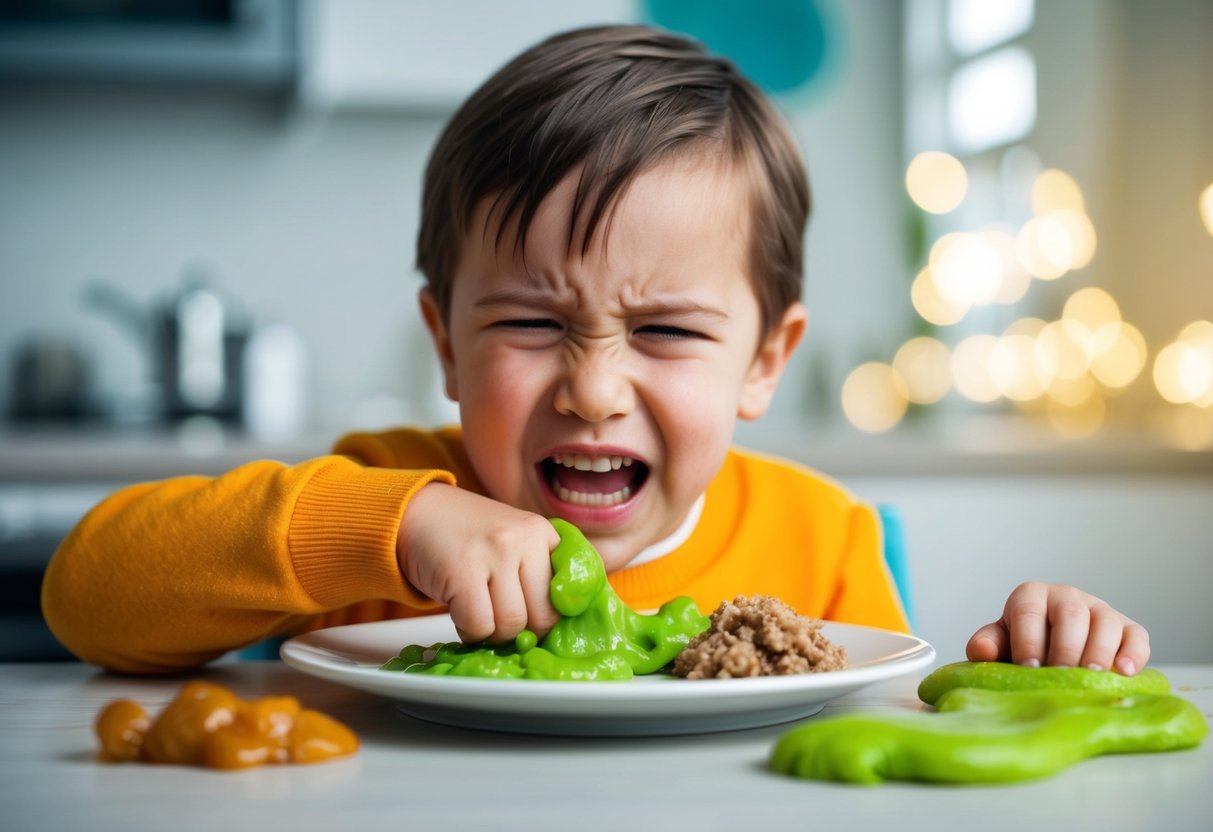 A child grimaces at a plate of food, pushing away a slimy, squishy texture with a look of disgust. A variety of textures are displayed on the plate, including gooey, lumpy, and sticky items