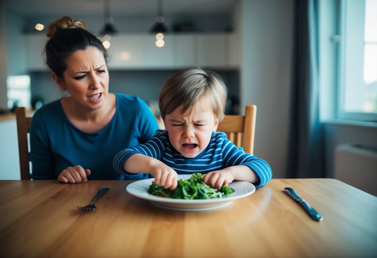 A child sits at the dinner table, pushing away a plate of untouched food. The frustrated parent looks on as the child grimaces at the sight of the meal