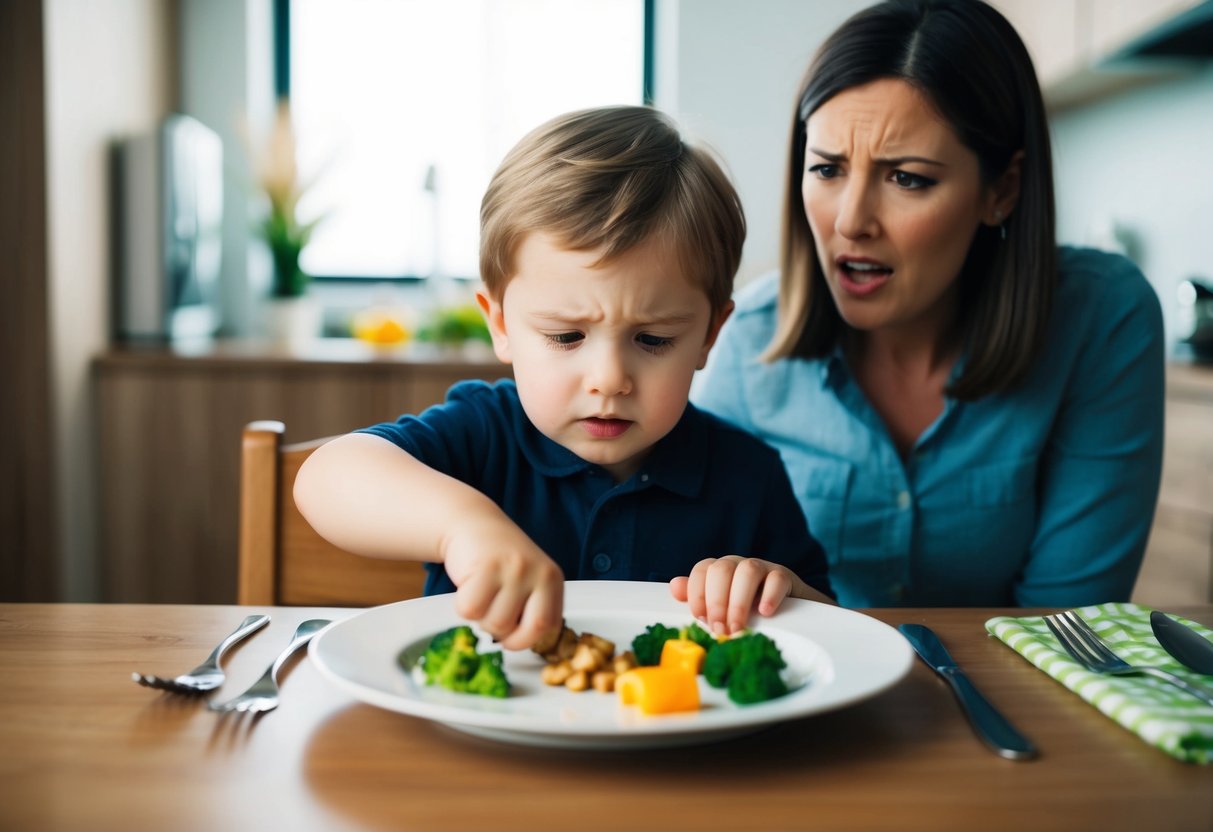 A child sitting at a table, pushing away a plate of food while only a few select items remain on the plate. A frustrated parent looks on