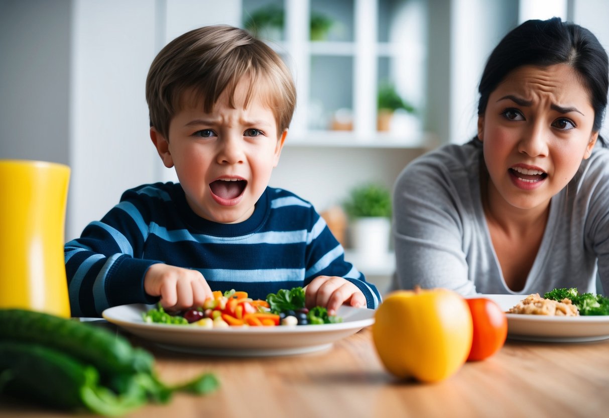 A child pushing away a plate of food with a mix of different food groups, with a frustrated parent looking on