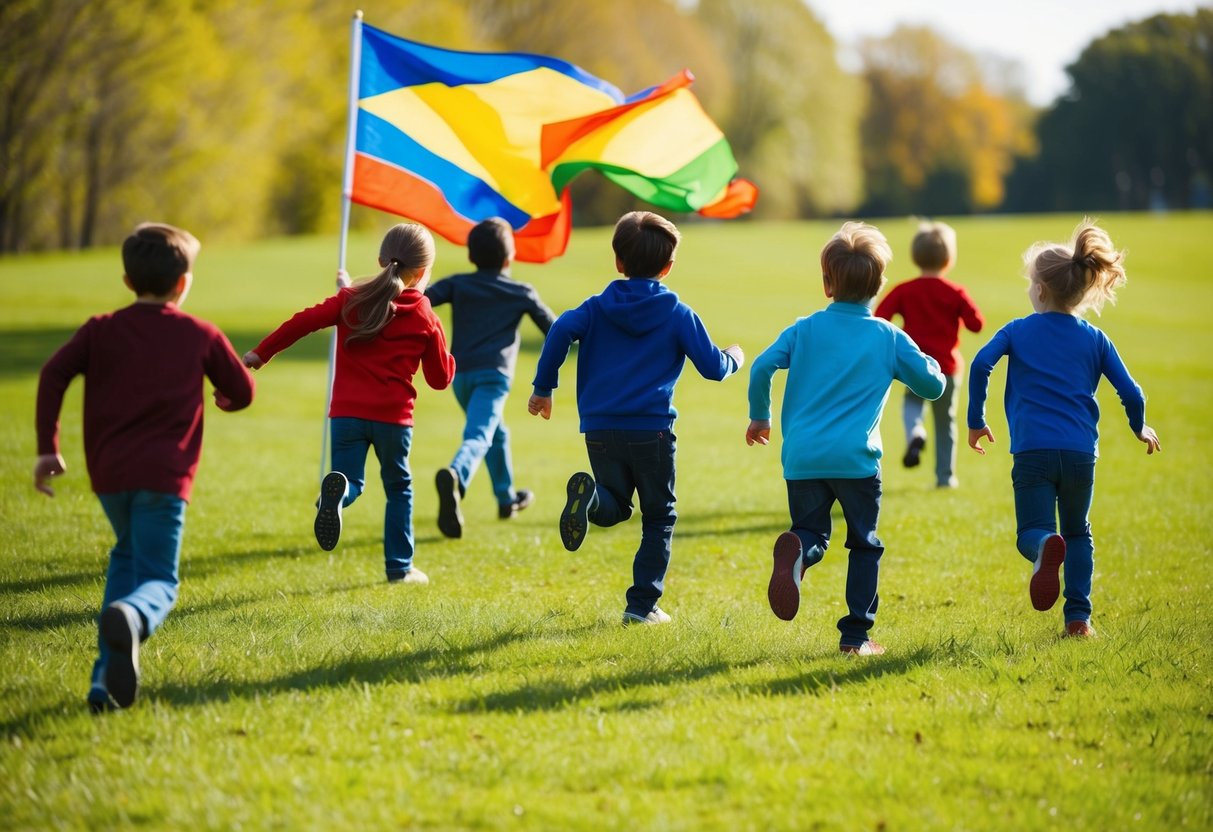A group of children run across a grassy field, racing towards a colorful flag fluttering in the wind. The sun shines down on the lively scene, as the kids eagerly compete in a game of Capture the Flag