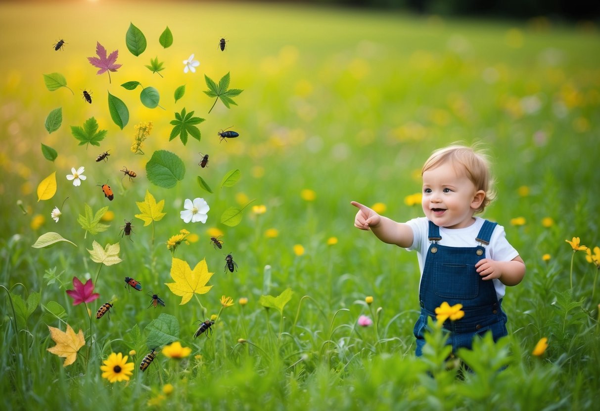 A colorful array of leaves, flowers, and insects scattered across a lush green meadow, with a curious toddler pointing and smiling in excitement