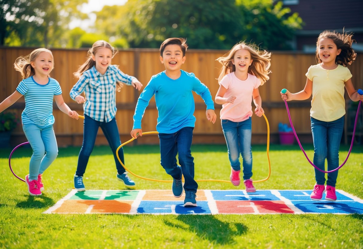 Children playing hopscotch, tag, and jump rope in a sunny backyard. A group of kids laughing and having fun in a colorful and vibrant outdoor setting