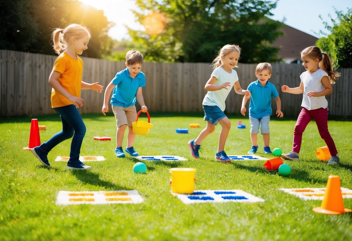 Children playing backyard games, including treasure hunt, hopscotch, and tag. Bright sunshine, green grass, and colorful toys scattered around