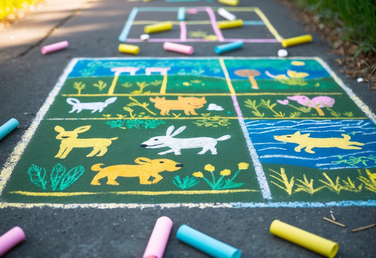 A colorful chalk drawing of outdoor scenes with playful animals and nature elements, surrounded by scattered chalk sticks and a hopscotch grid on the sidewalk