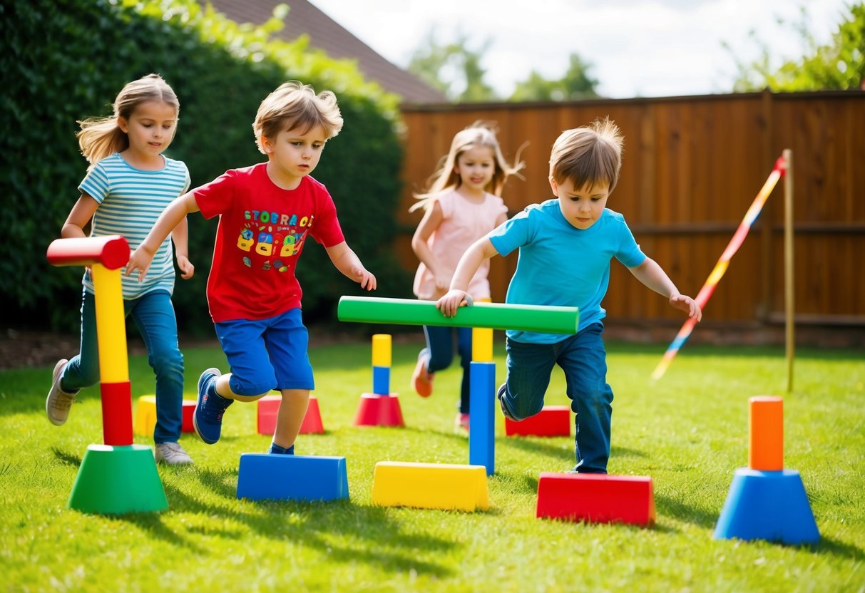 Children navigate through a mini obstacle course in a backyard, featuring small hurdles, tunnels, and balancing beams