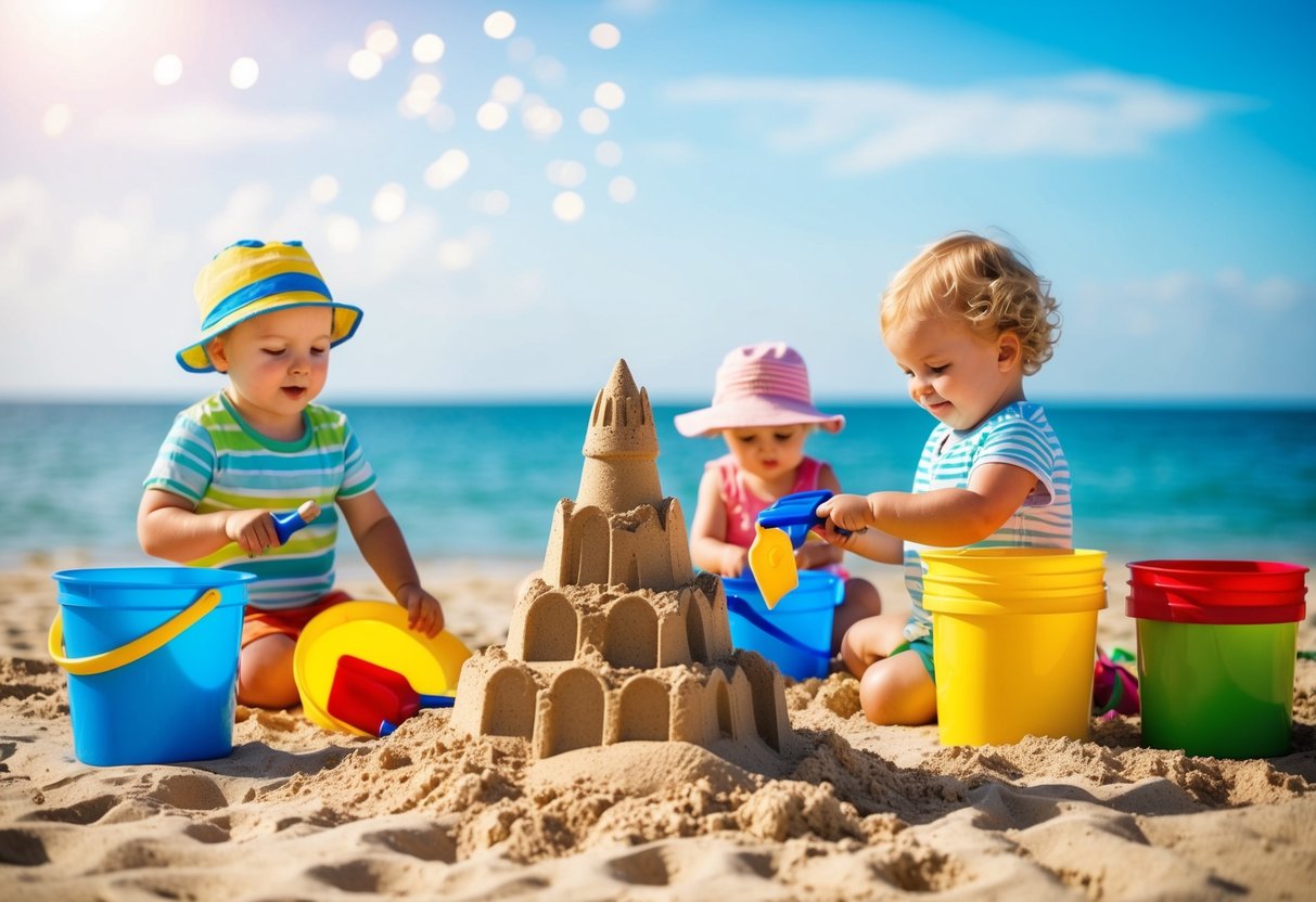 A sunny beach with colorful buckets, shovels, and a variety of sandcastle shapes being built by playful toddlers