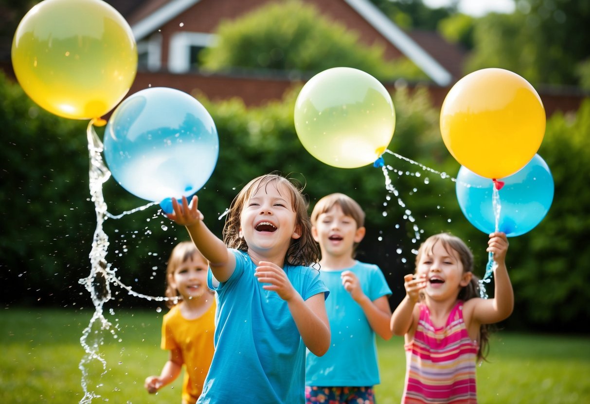 Children playing water balloon toss in a sunny backyard. Laughter and splashes fill the air as colorful balloons are tossed back and forth