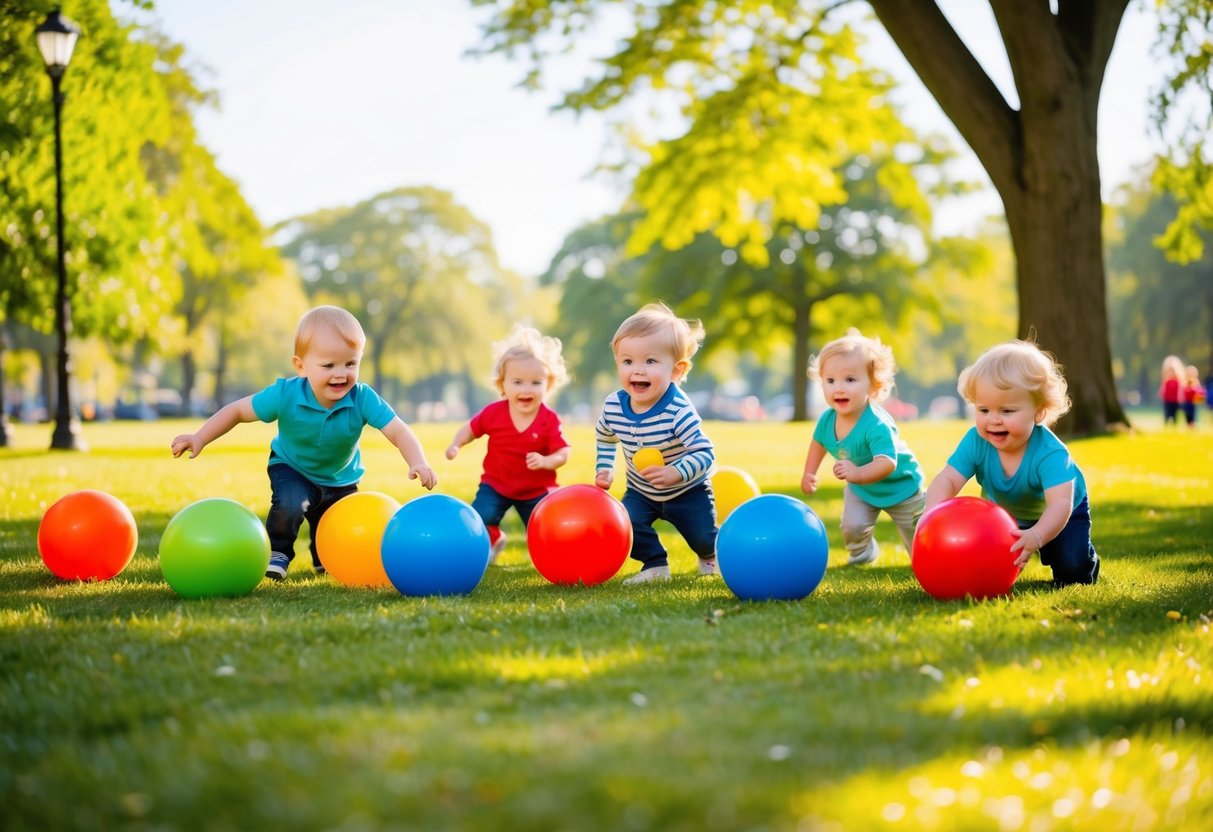 A group of toddlers playing with colorful balls in a sunny park, surrounded by trees and excitedly running around