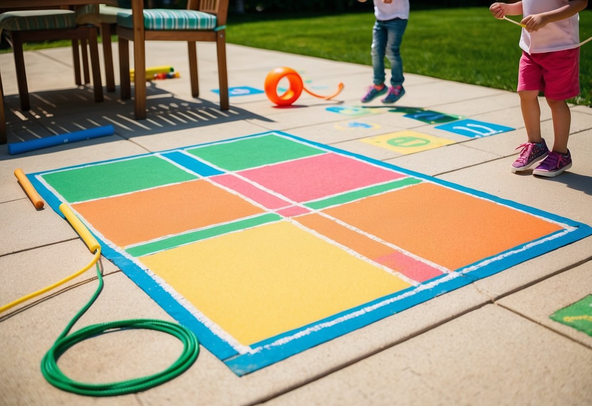 A colorful hopscotch grid is drawn on a sunny backyard patio. Nearby, other children's games like jump rope and chalk drawings are scattered around