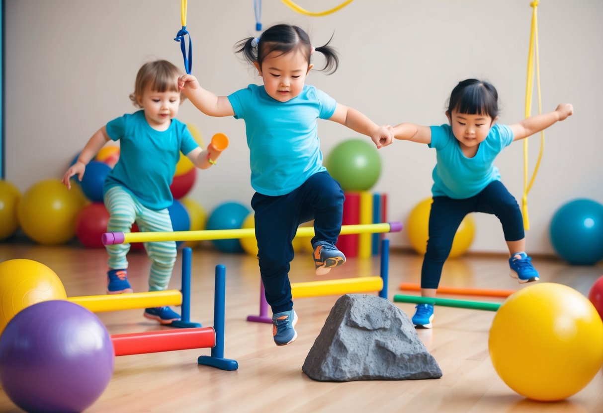 Toddlers playing with colorful exercise balls, jumping over mini hurdles, balancing on a low beam, climbing a mini rock wall, and stretching with elastic bands